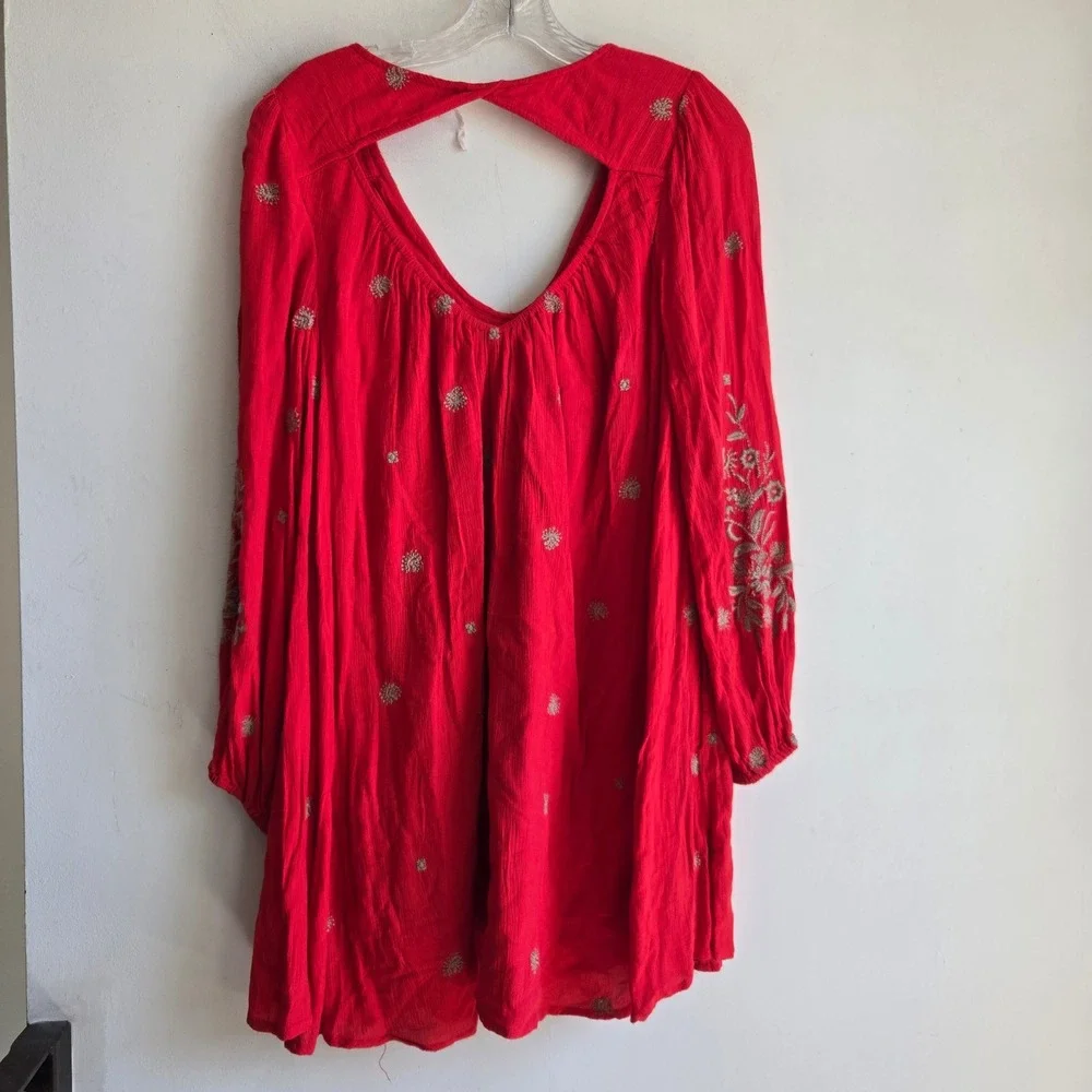 Free People XS Mini Dress Womens Red Good Embroidered V-Neck Boho Pockets